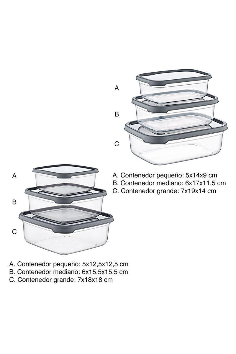 Set 6 Contenedores Alimentos Cuadrad/Rectang Gris-2