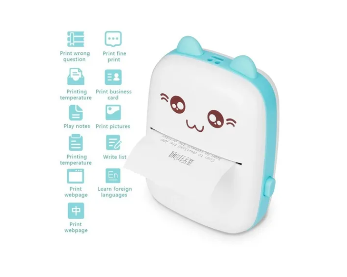 Mini Impresora Térmica Portátil Bluetooth Gatito + 1 Rollo Celeste-2
