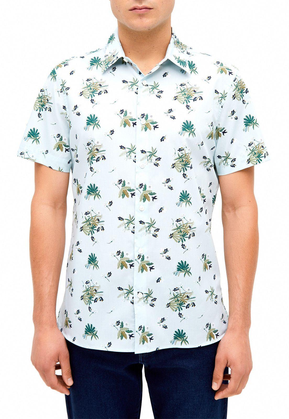 Camisa .casual estampada flores. celeste-0