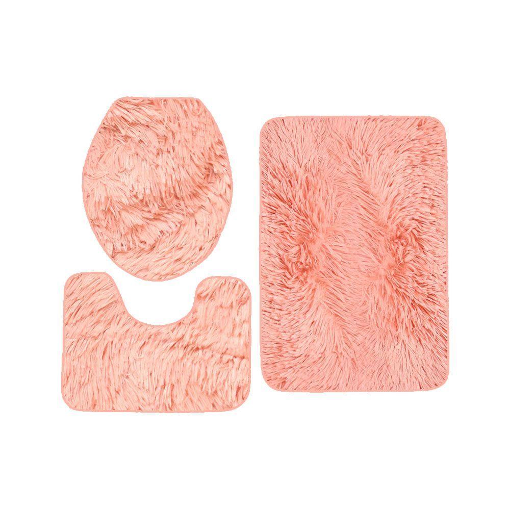 Set Alfombra Baño Antideslizante Peludo 3 Pcs Rosa Palo-1