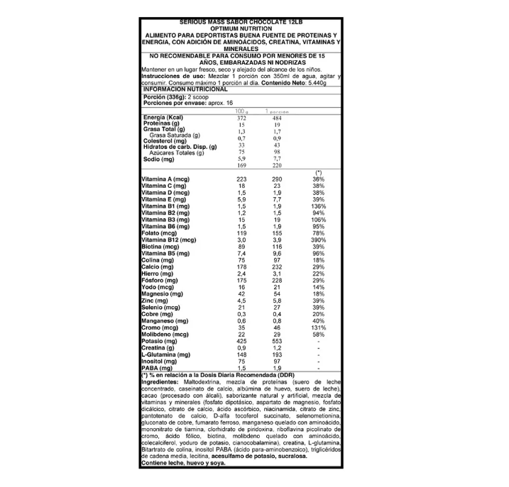 Serious Mass 12 Lbs (5,44kg) - Optimum Nutrition Vainilla - 16 SERVICIOS-1