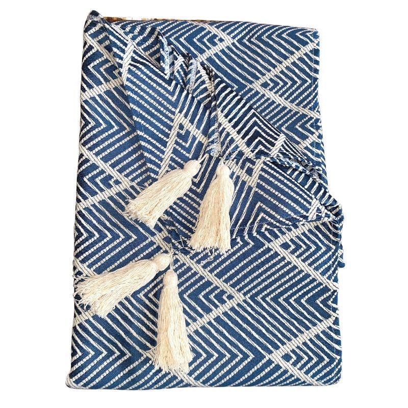 Mantel Rectangular Azul Bordado Lineas ZigZag Beige-0