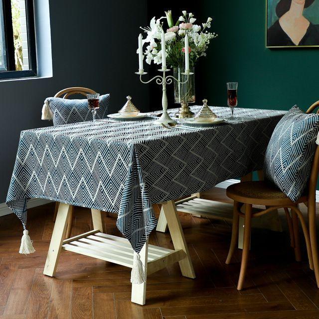 Mantel Rectangular Azul Bordado Lineas ZigZag Beige-6