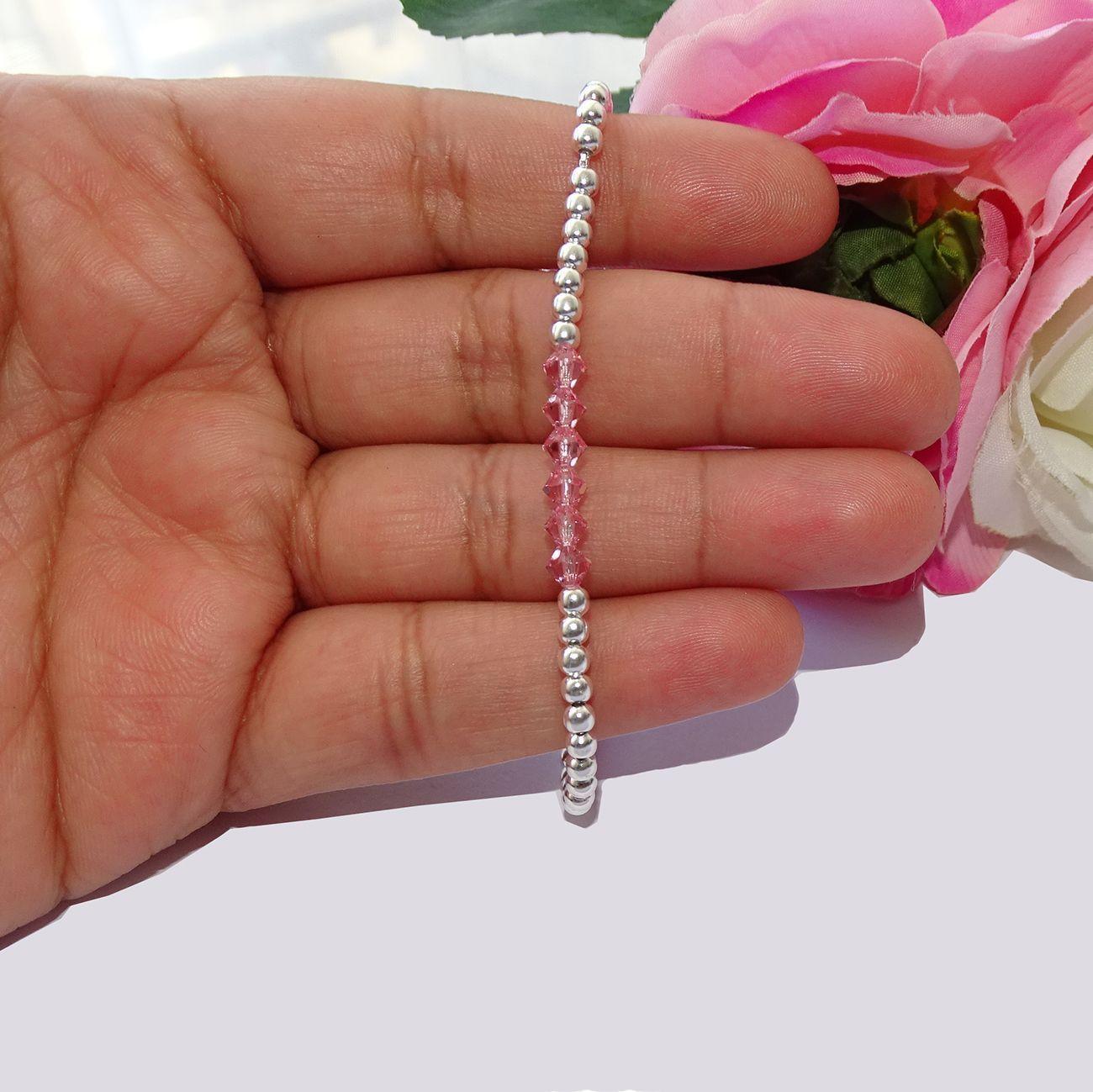 Pulsera Ajustable De Plata 925 Pelotitas Y Cristales Rosados-2