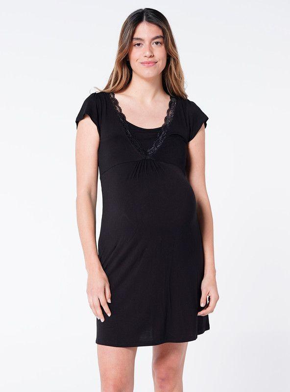 Camisa de dormir de lactancia con encaje negra-0