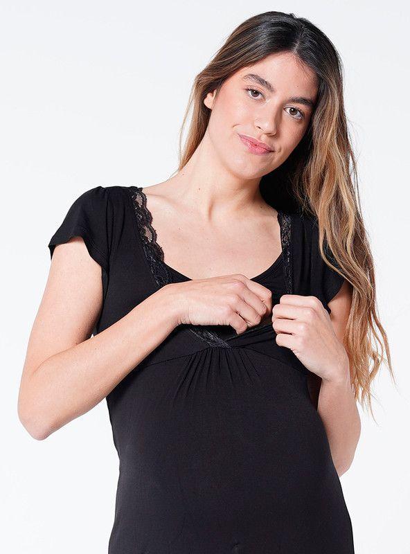 Camisa de dormir de lactancia con encaje negra-4