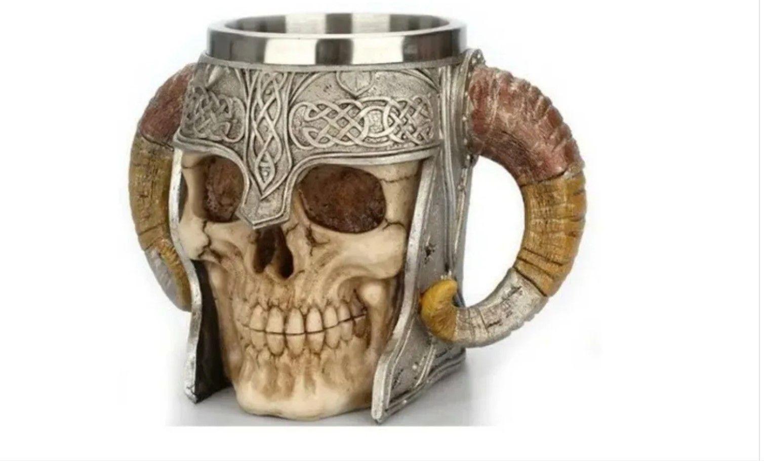 Tazon Taza Mugs Vikingo Craneo Con Casco Cuernos Medieval-0