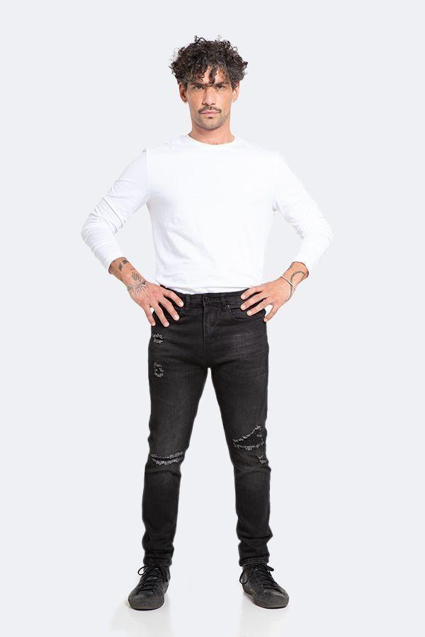 Jeans Hombre Skinny Negro Focalizado con Destroyer-1