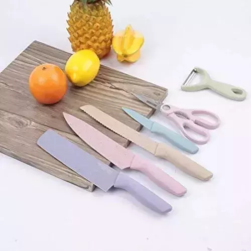 Set De Cuchillos Profesionales + Tijera+pelador Color Pastel-3