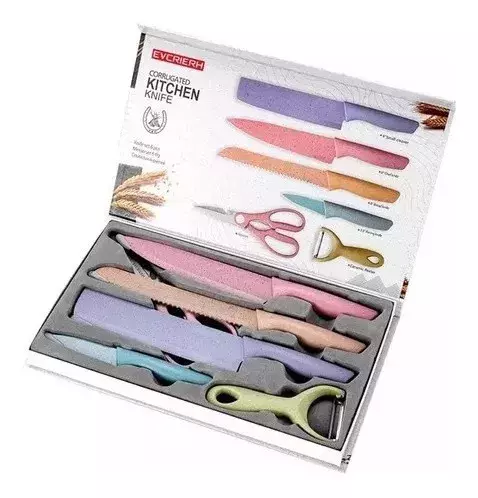 Set De Cuchillos Profesionales + Tijera+pelador Color Pastel-1