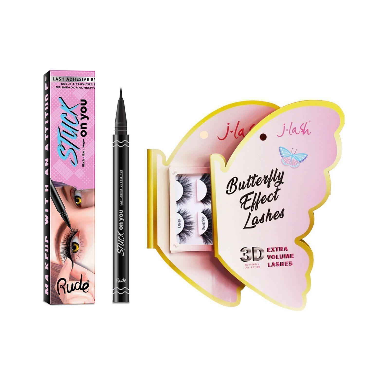 Kit Pestañas "Butterfly Effect" 3D J-Mask + Delineador Adhesivo "Stuck On You" Negro Rude Cosmetics-0