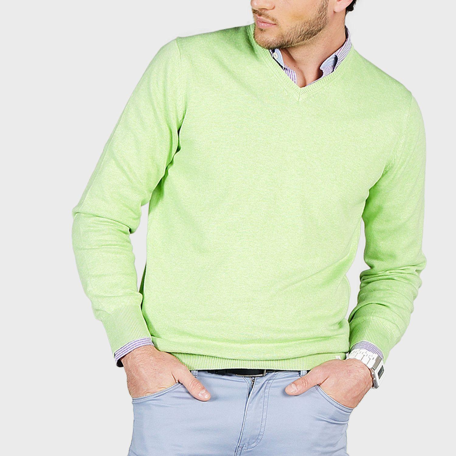 Sweater Casual V Neck Manga Larga Verde-0