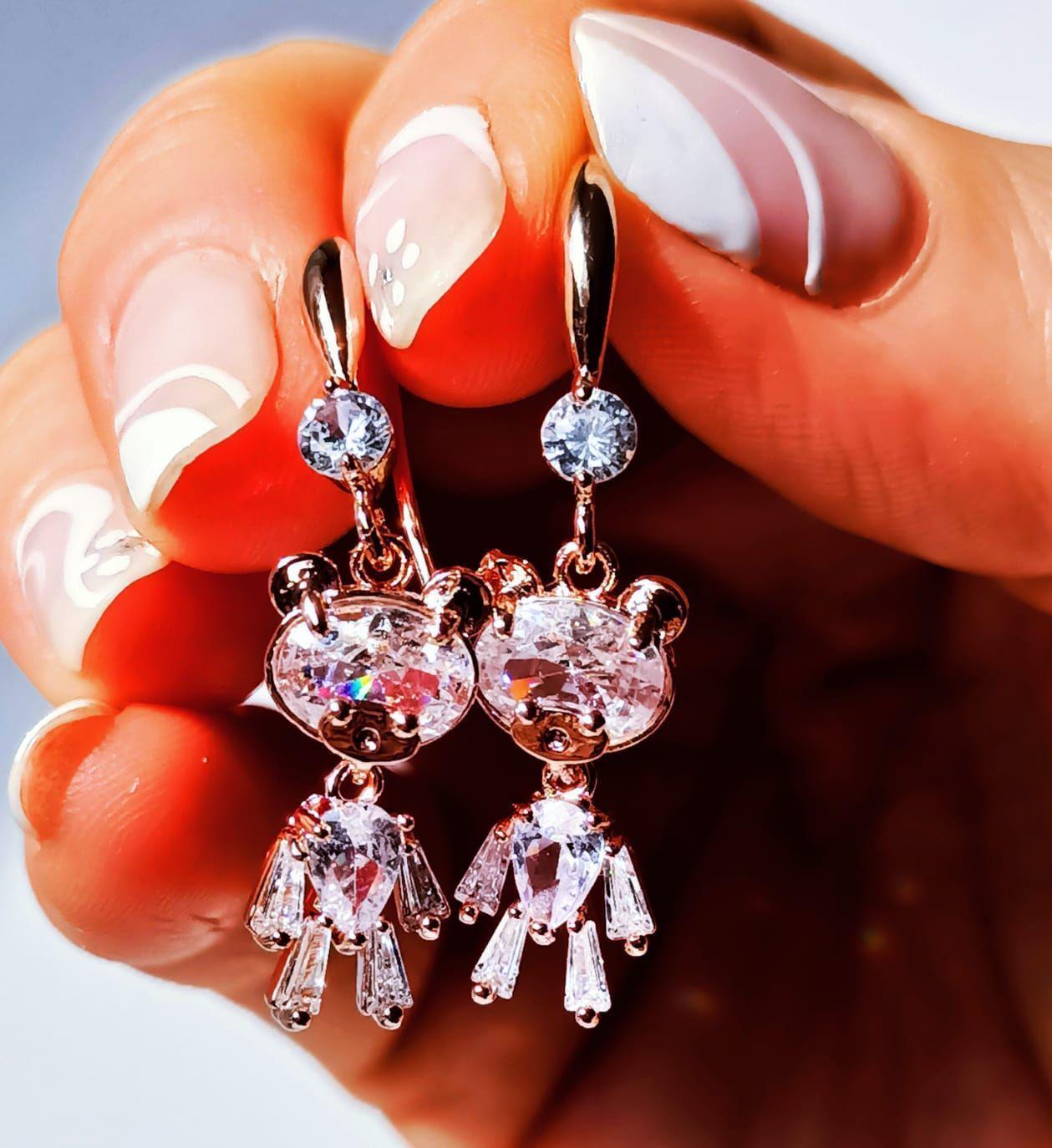 Pendientes de Oso de Zirconio blanco con baño de oro rosa 14kl-6