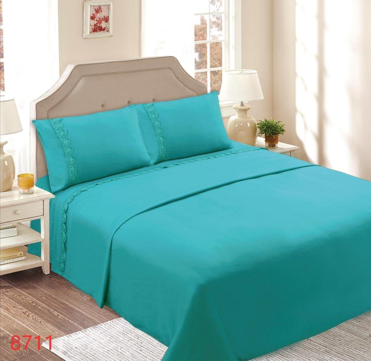 Juego de Sábanas King 144 Hilos con Broderie - Turquesa M8711-1