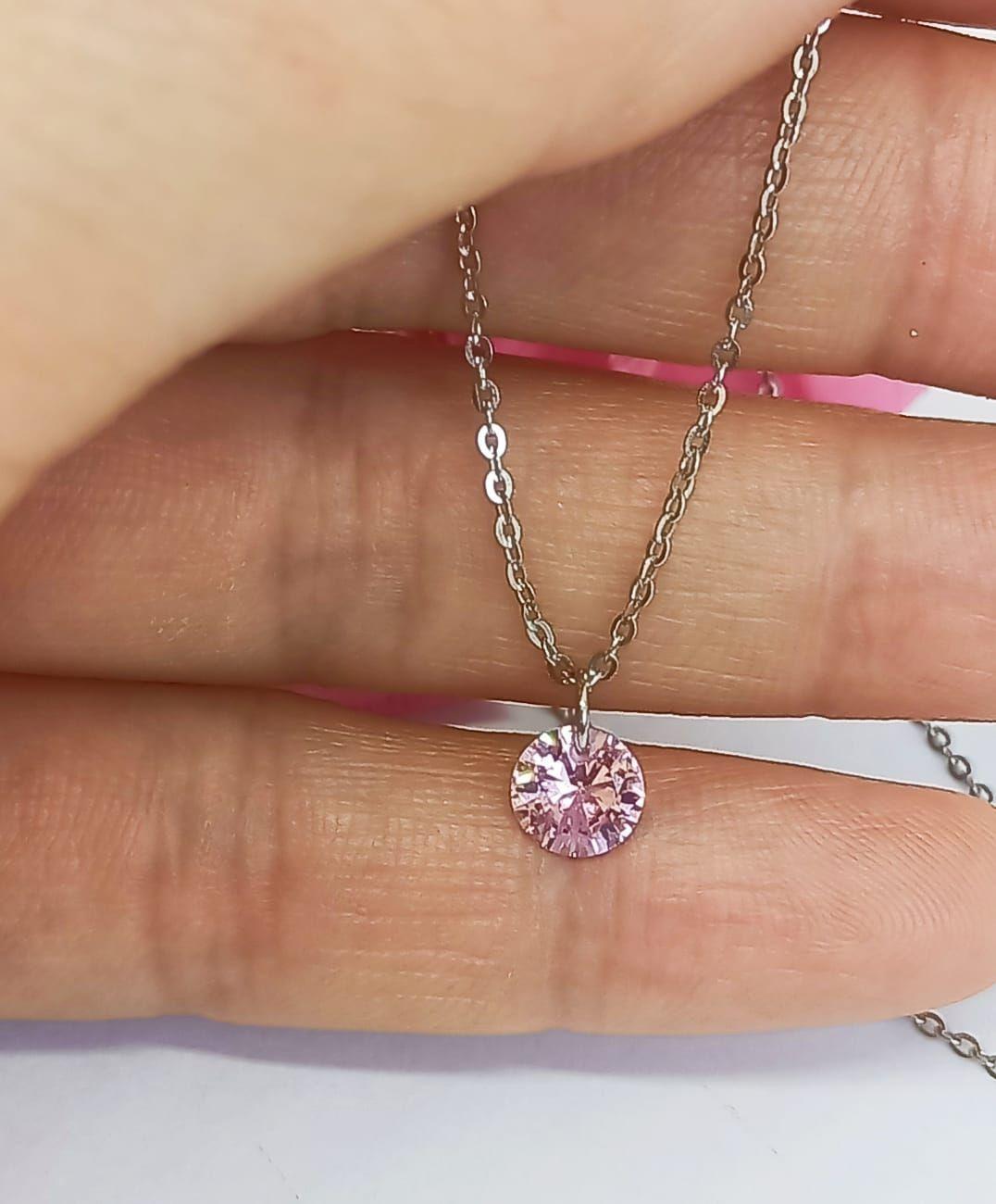 Collar y dije Punto Luz Zirconio Rosa Plata fina ley S925-2