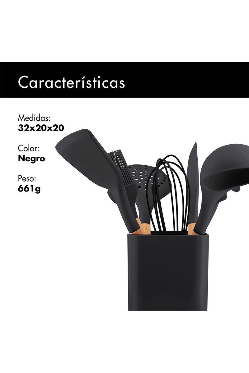 Set de Utensilios de Cocina Silicona Madera Negro-2