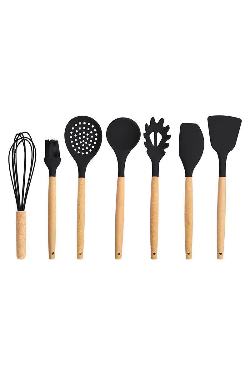 Set de Utensilios de Cocina Silicona Madera Negro-3
