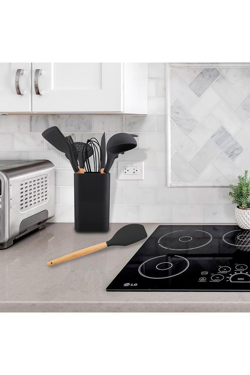 Set de Utensilios de Cocina Silicona Madera Negro-1