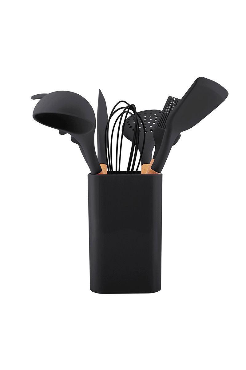 Set de Utensilios de Cocina Silicona Madera Negro-0