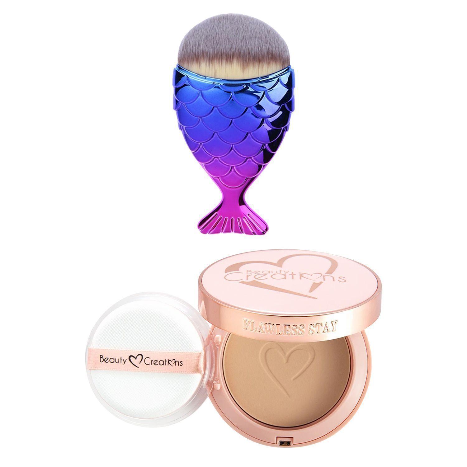 Pack Base En Polvo Flawless Stay FSP 5.0 Beauty Creations + Brocha Estilo Sirena Malú-0