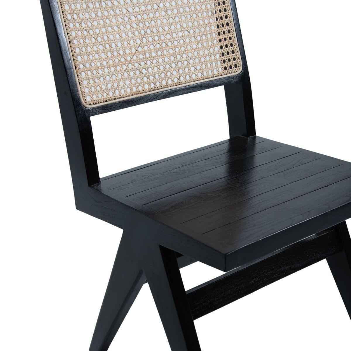 Silla de teca negra con respaldo de rattan natural 82x46x48 cm-3