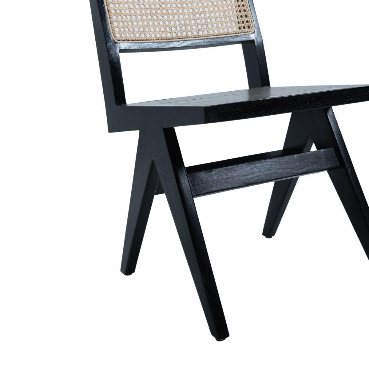 Silla de teca negra con respaldo de rattan natural 82x46x48 cm-2