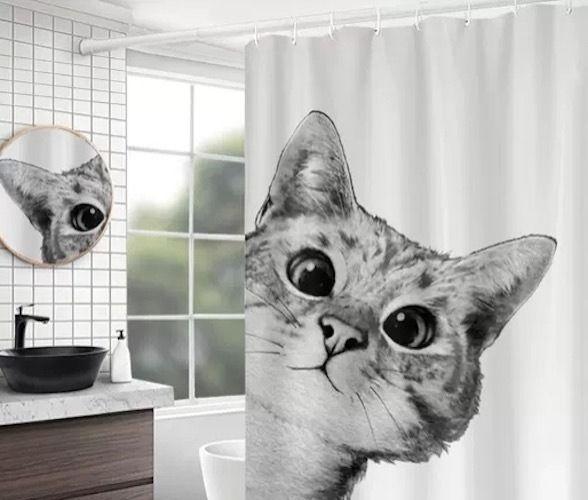CORTINA DE BAÑO GENERO 600 G IMPERMEABLE CON DISEÑO BLANCO CON GATO-0