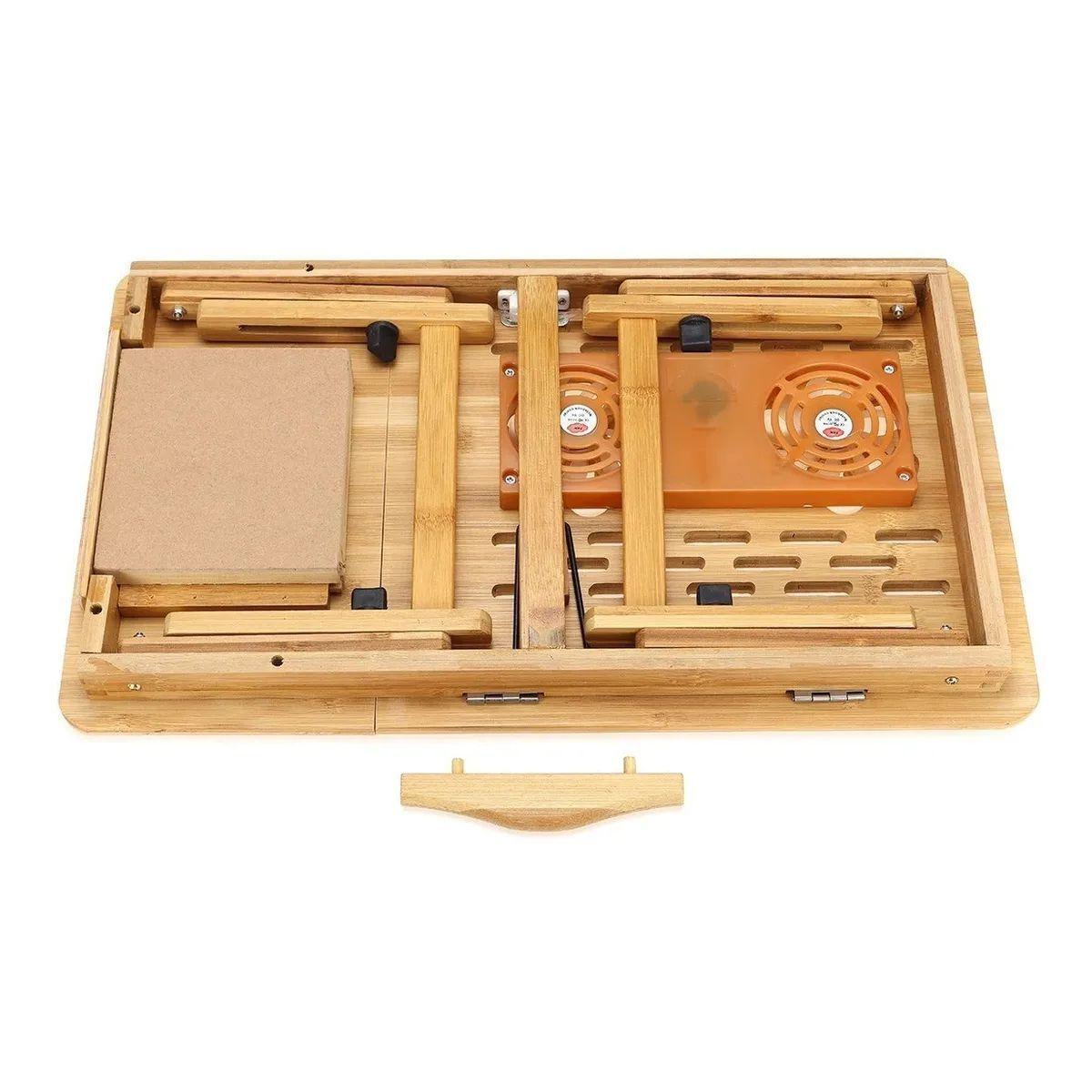 Mesa Plegable Madera Notebook Bambú 2 Ventilador Laptop Cama-3