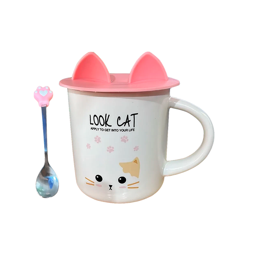 Taza Cafe Ceramica Tapa Silicona Cuchara Diseño Gato 500ml-0