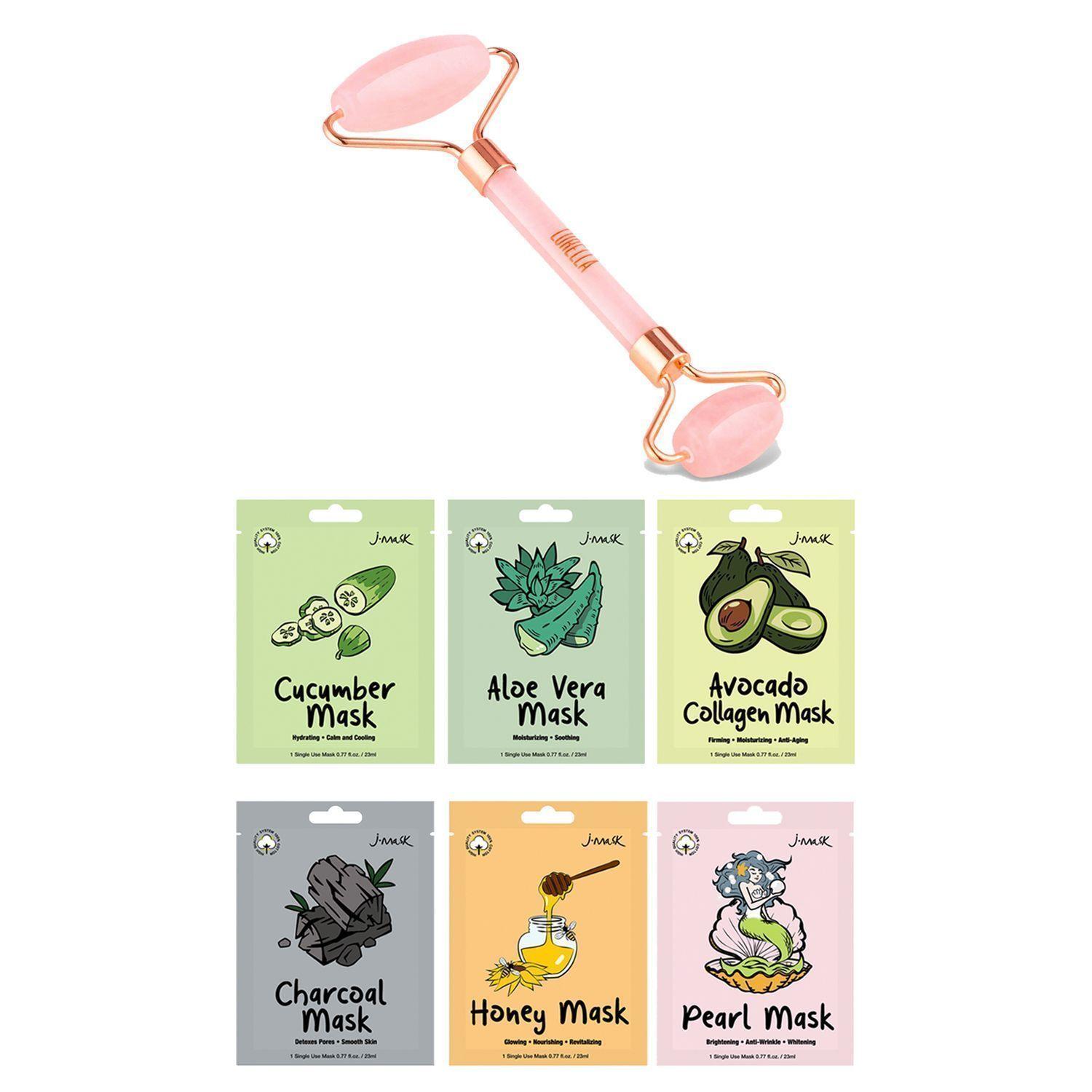 Pack Rodillo Facial Cuarzo Rosa Lurella + 6 Mascarillas Faciales Coreanas J-Mask-0