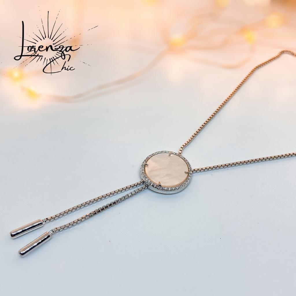 Collar Plateado Circulo Nacar Borde Circones-0