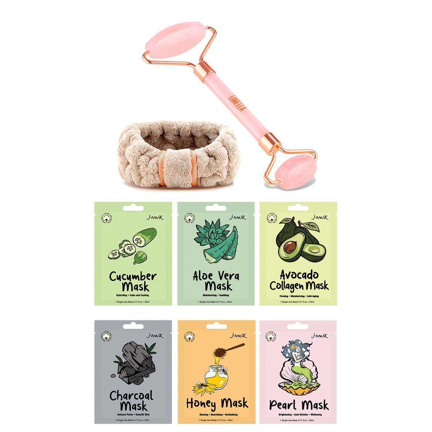 Pack Rodillo Facial Cuarzo Rosa Lurella + Cintillo Spa y Maquillaje + 6 Mascarillas Faciales J-Mask-0