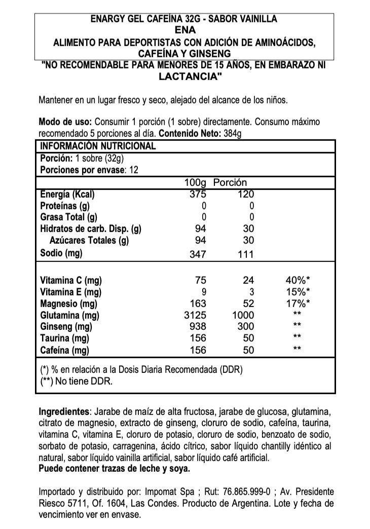 Gel Energético ENA 32 gr Vainilla + Cafeína Caja 12 Unidades-1