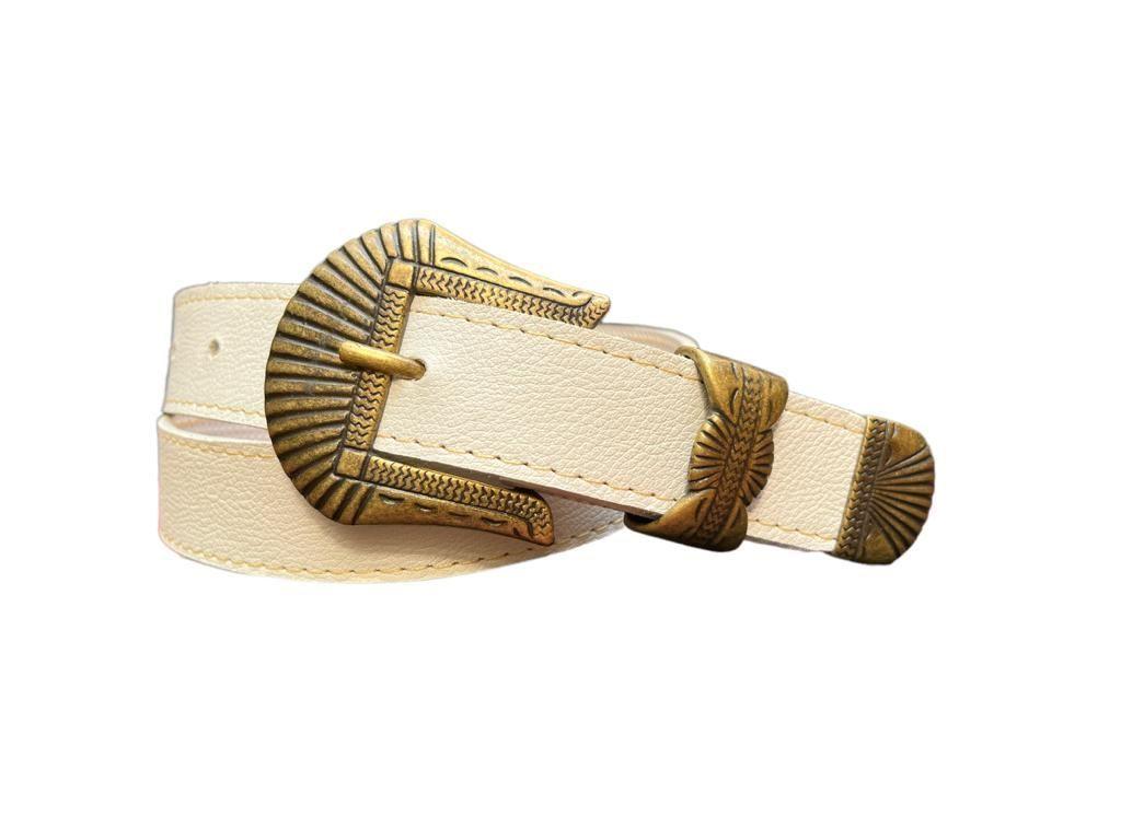CINTURON CUERO BLANCO, HEBILLA ENVEJECIDA TALLA M-2