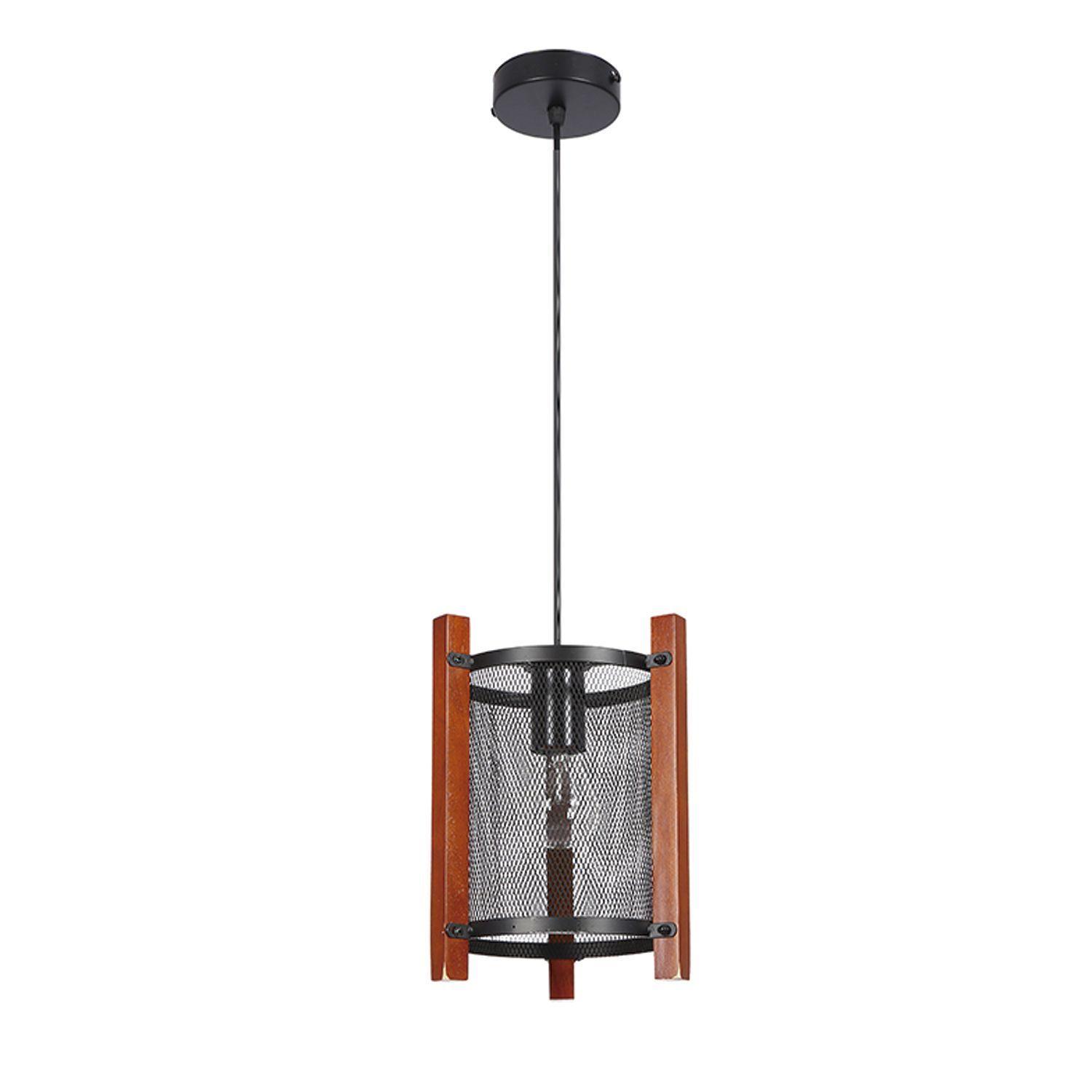 Lámpara Colgante E-27 Diseño Rejilla Con Madera-0