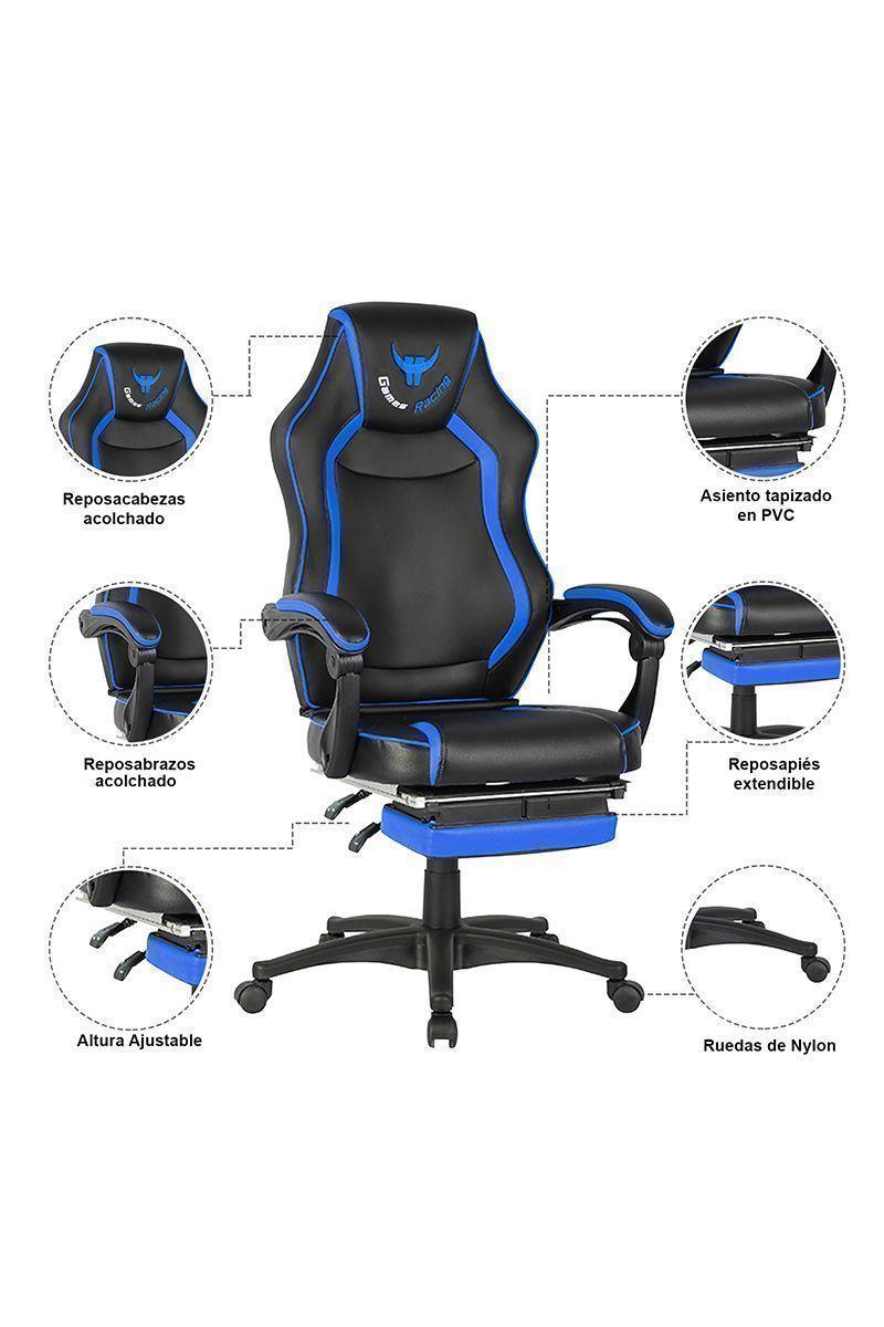 Silla Gamer Racing Game PVC Apoya Pies Azul-4
