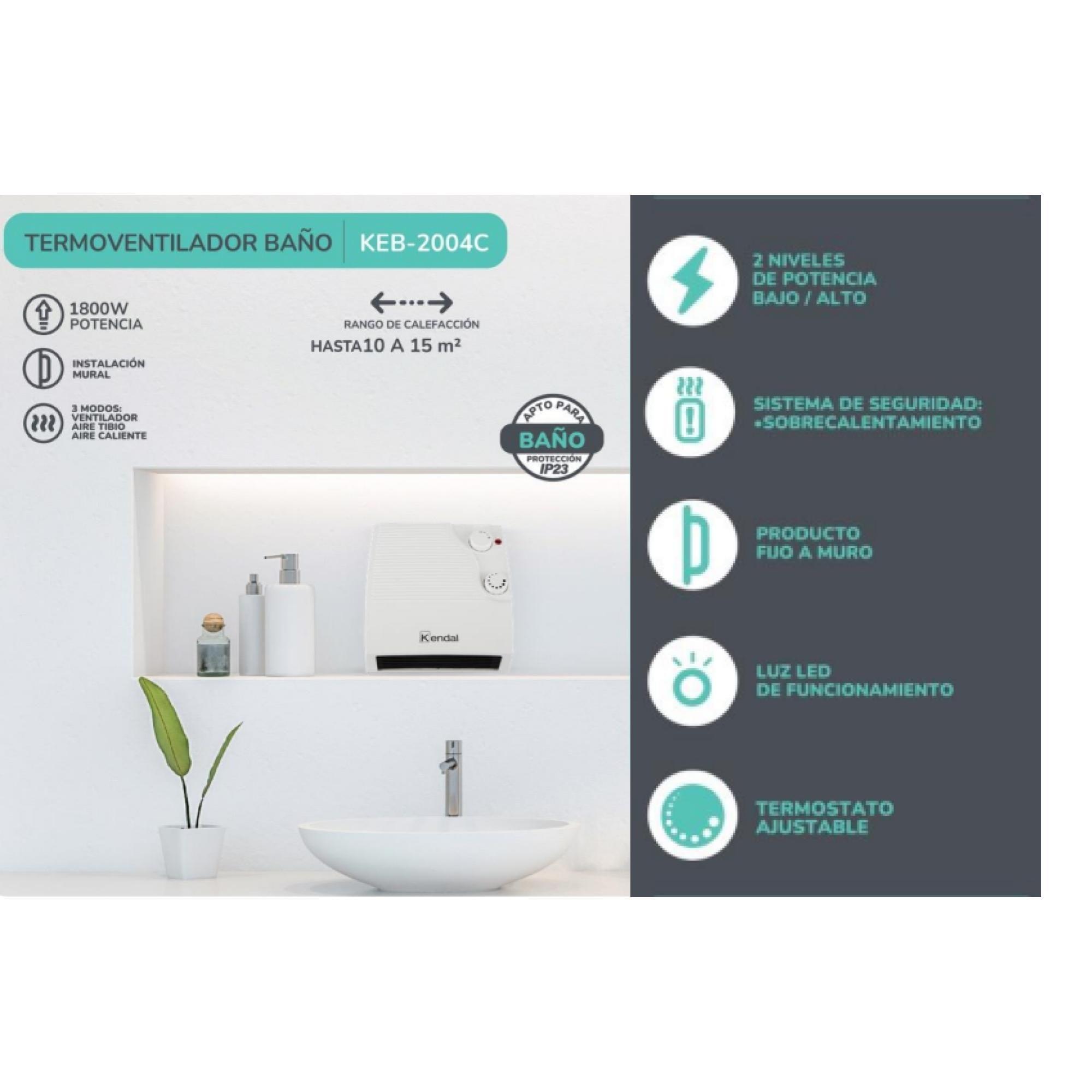 Termoventilador De Baño Electrico 1800W 2 Niv Blanco KEB-2004C Kendal-5