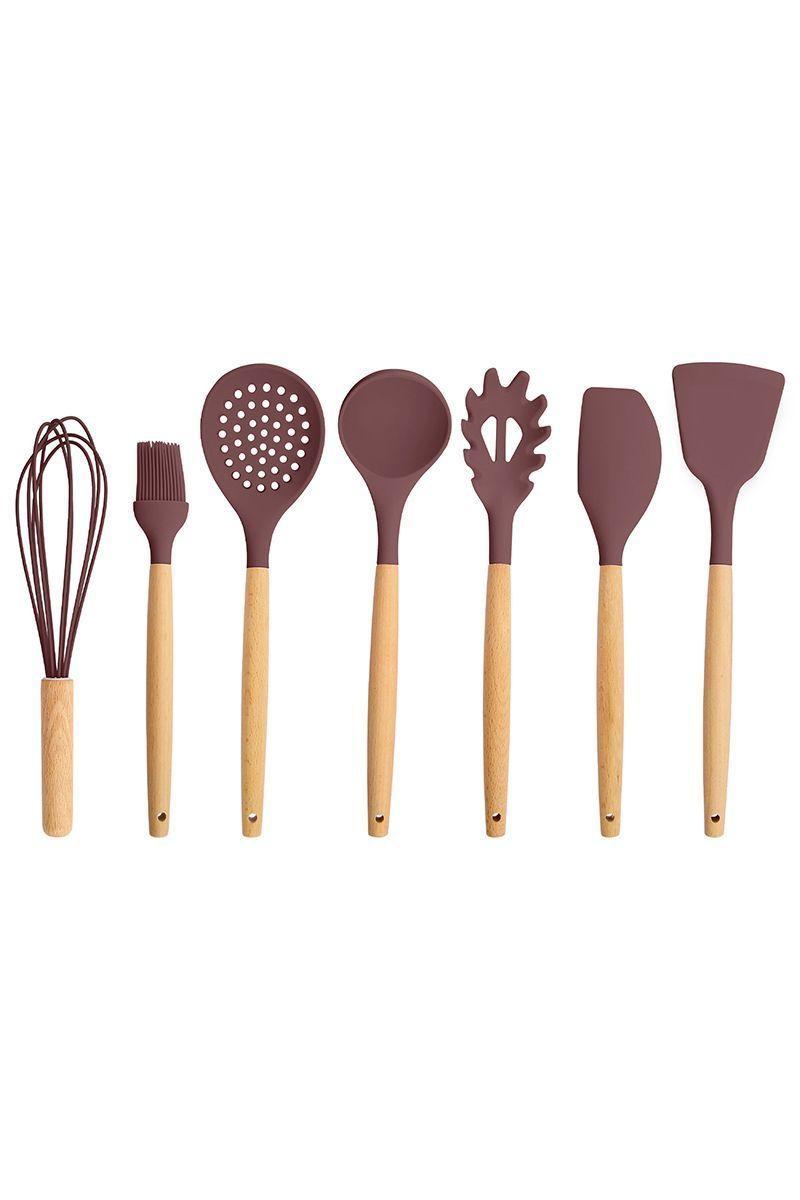 Set de Utensilios de Cocina Silicona Madera Café-4