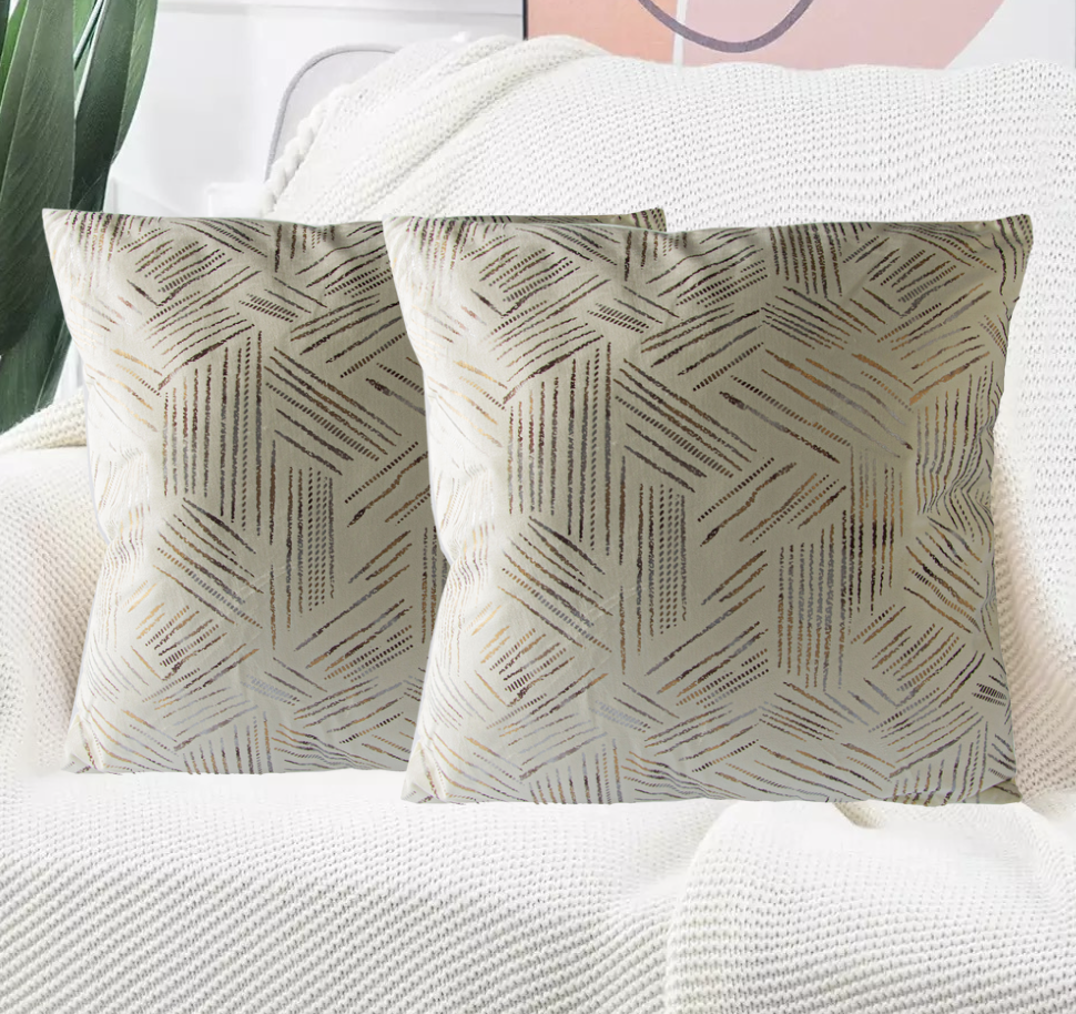 Set de 2 Cojines Terciopelo con Relleno Rayas Cortas Blanco 45cm x 45cm-1
