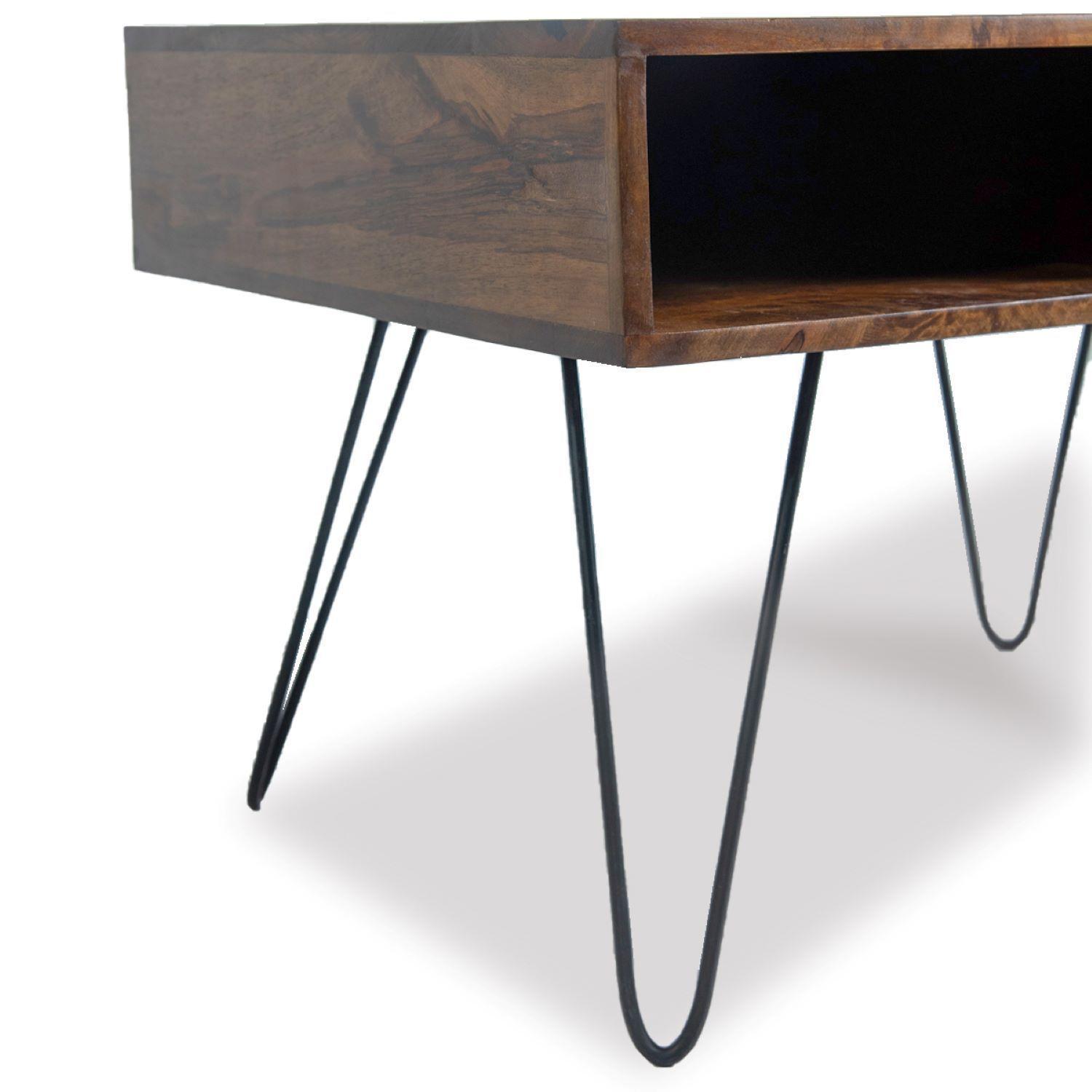 Mesa De Centro Madera De Mango Patas De Metal 85x60x55cm-4