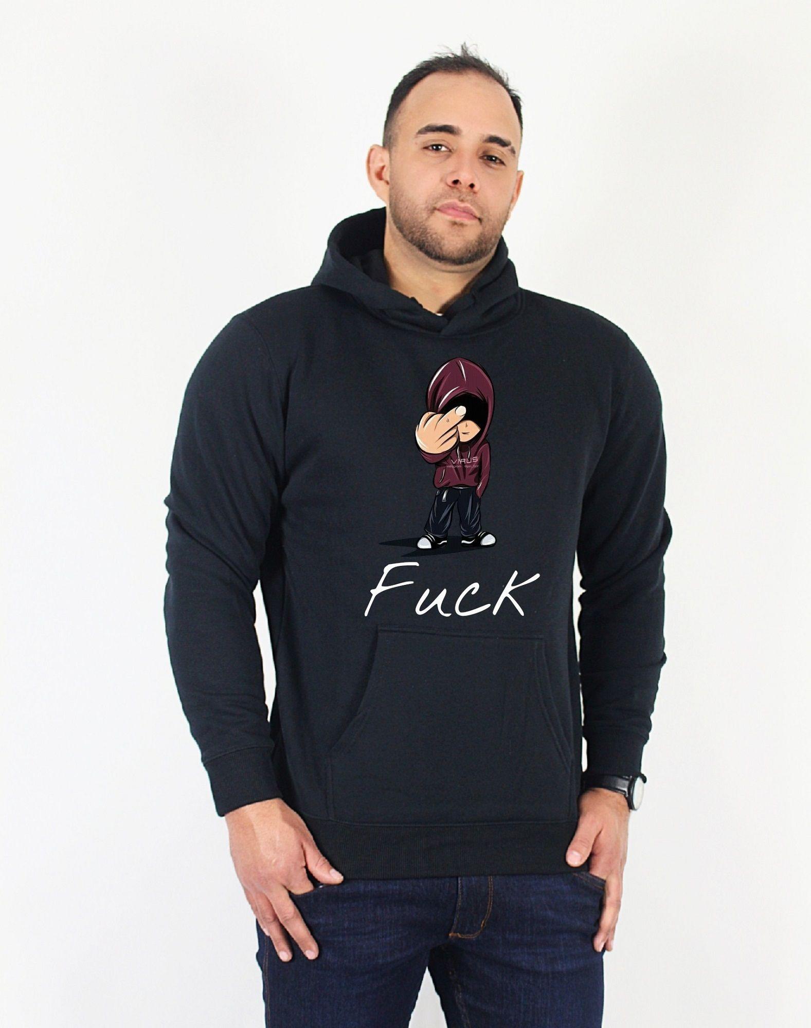 Polerón Canguro Negro Estampado Fuck-0