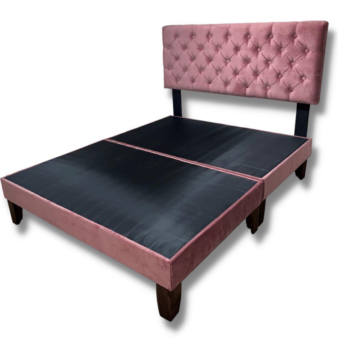 Cama 2 plazas Europea Felpa Rosado Bases Divididas de 15 cm de grosor, respaldo capitoné-0