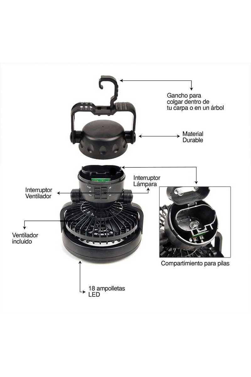 Lámpara LED con Ventilador para Camping Negro-3