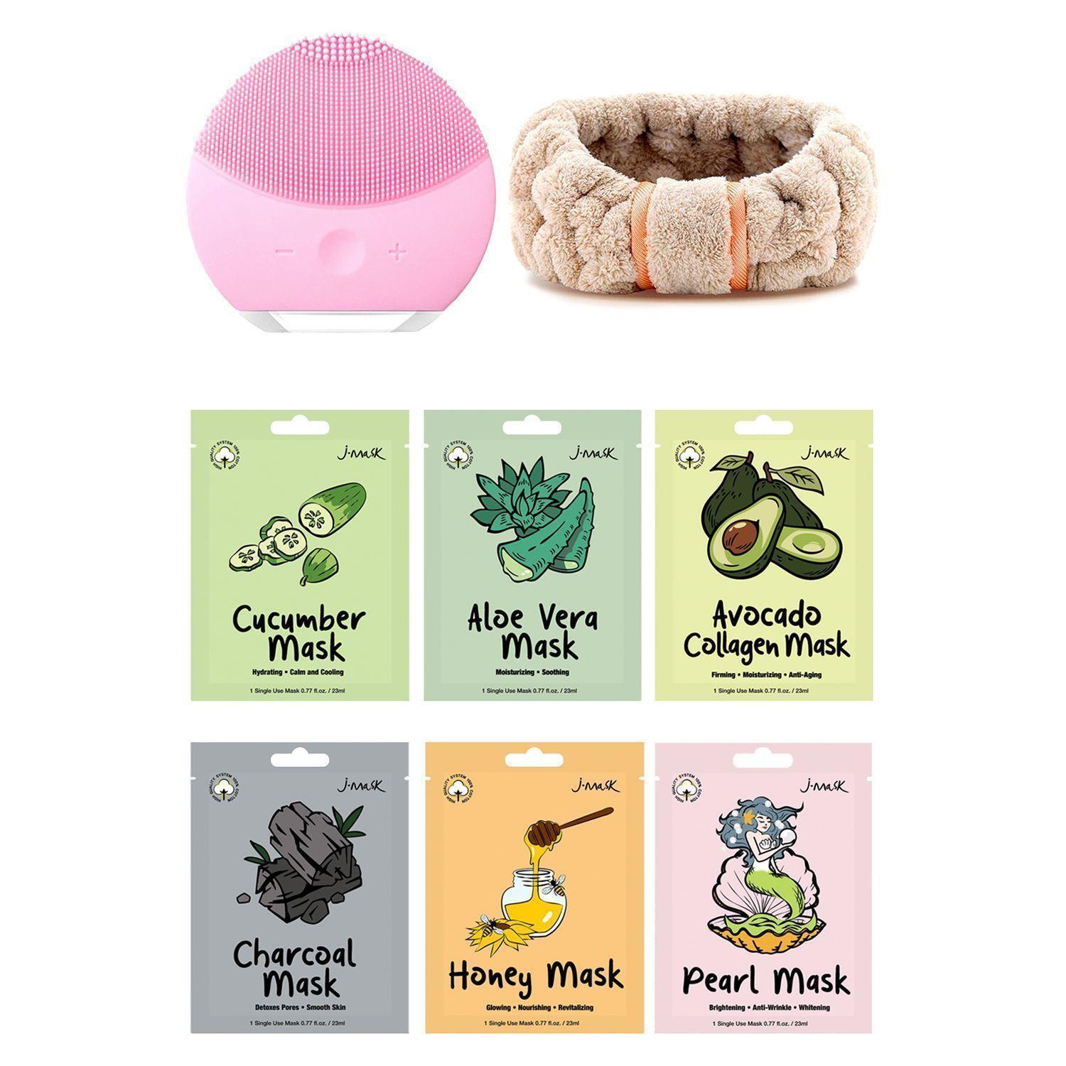 Pack Limpiador Facial Recargable Waterproof + Cintillo Spa y Maquillaje + 6 Mascarillas Faciales Coreanas J-Mask-0