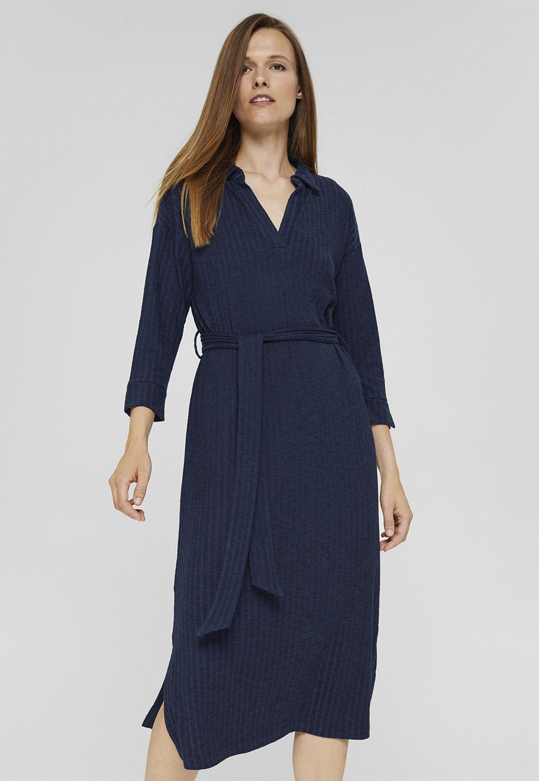 Vestido Midi Manga 3/4 Con Textura Esprit-0