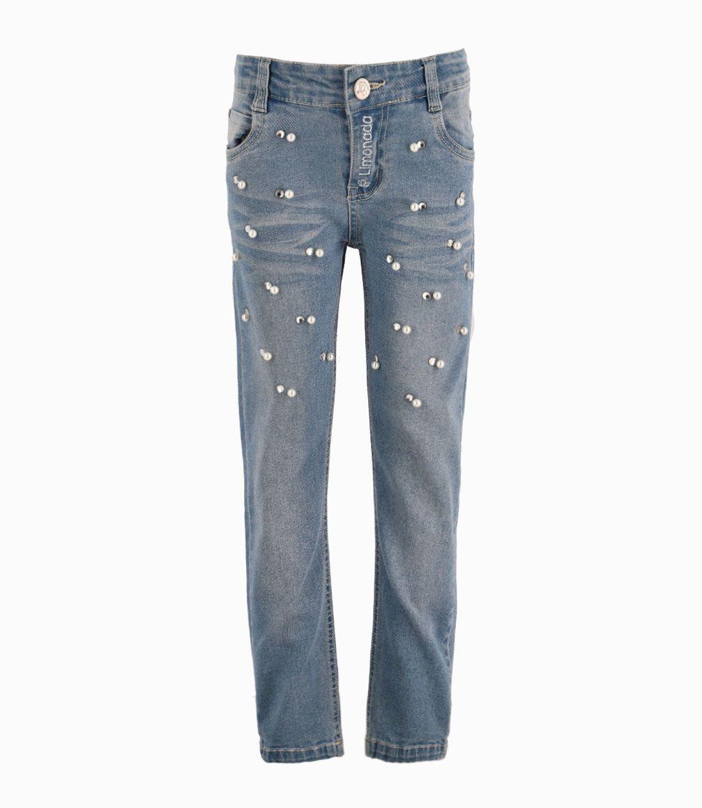 Jeans Con Perlas y Cristales Niña Denim Celeste Limonada-0