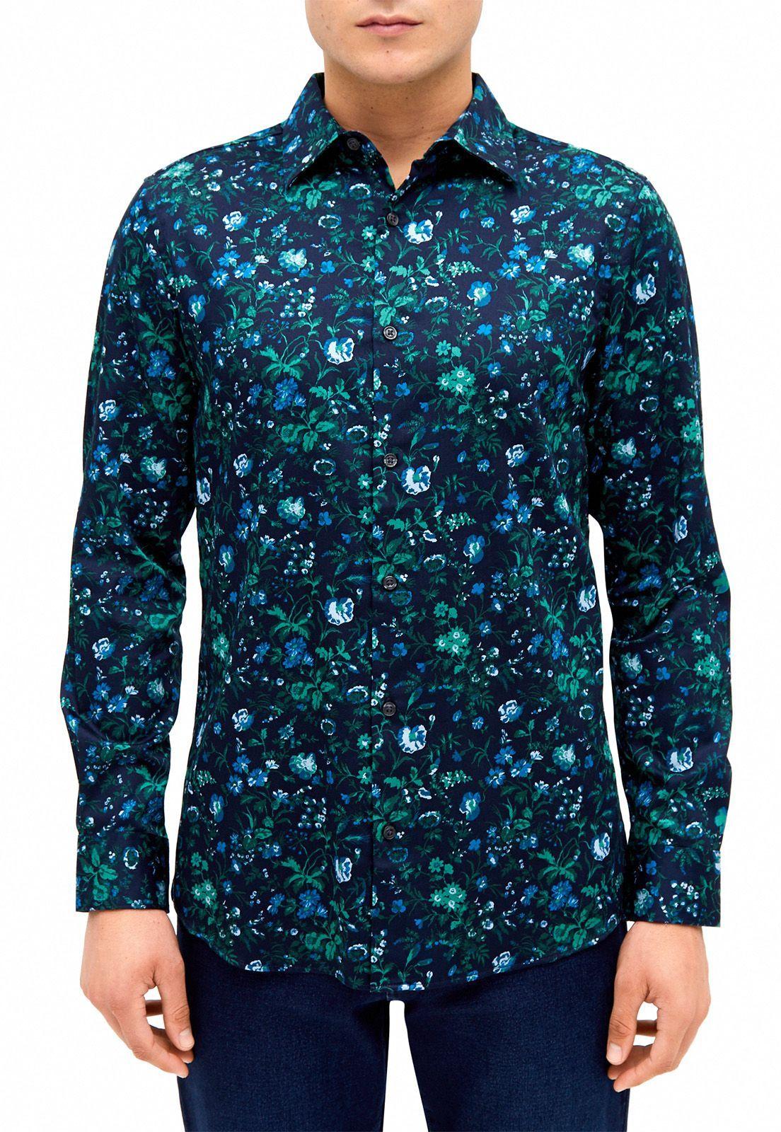 Camisa casual estampada flores navy manga larga-0