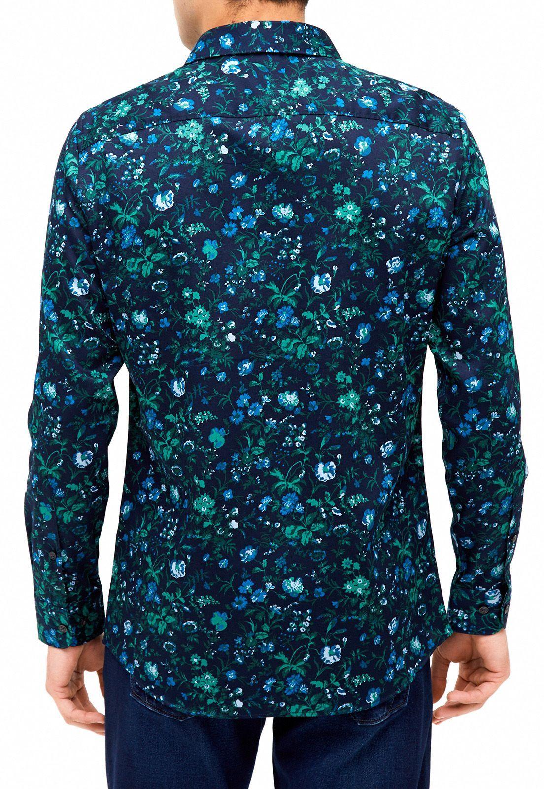 Camisa casual estampada flores navy manga larga-2