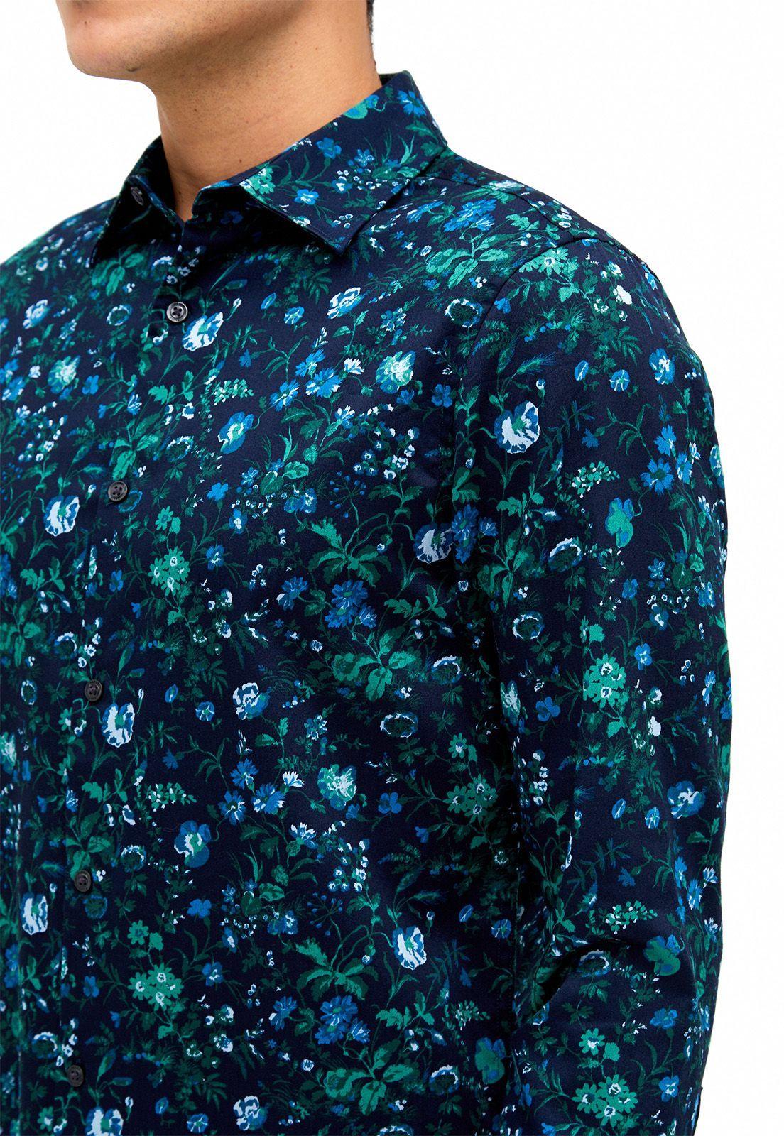 Camisa casual estampada flores navy manga larga-1