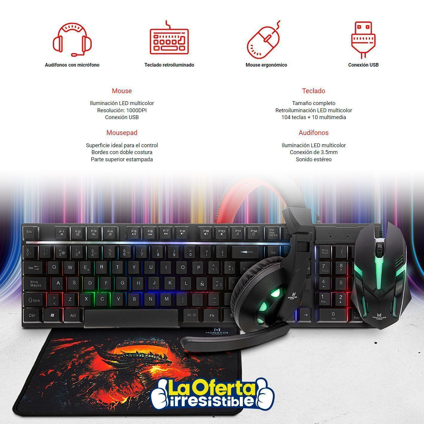 Kit Gamer Monster 4 en 1 Teclado Mouse Audífono Mousepad RGB-2